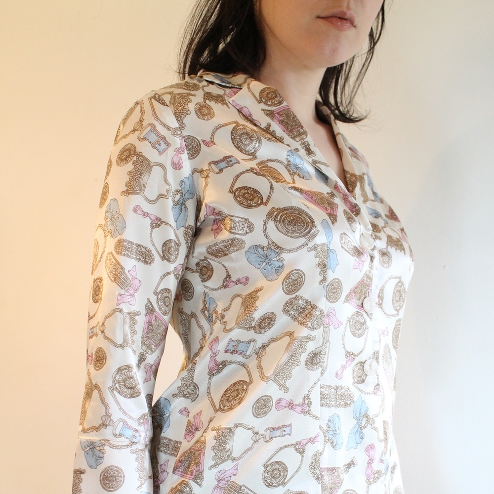 Vintage 60s Equestrian Print Satin Blouse